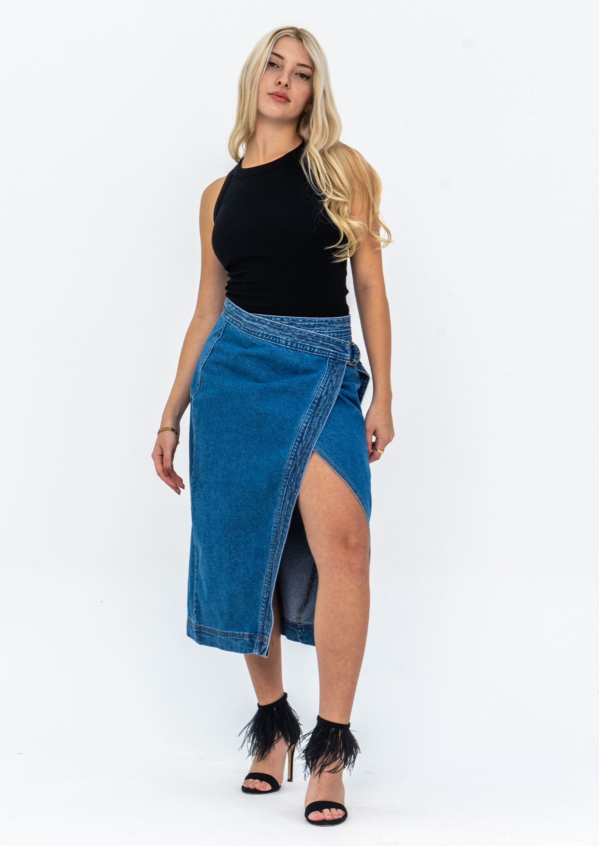 Front Wrap Denim Midi Skirt