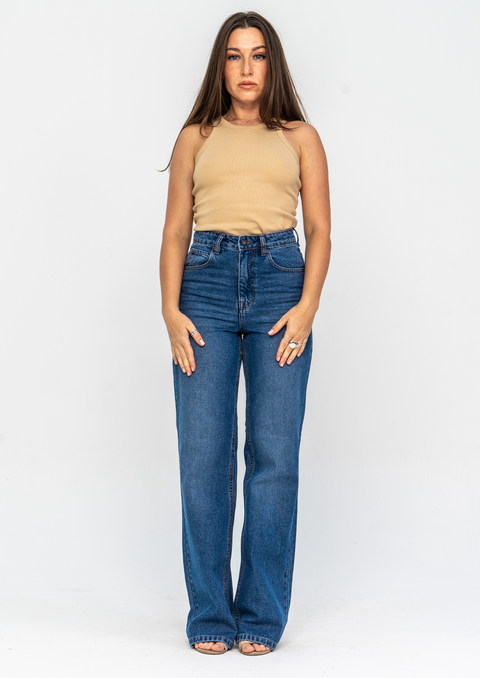 Mid Blue High Waist Straight Leg Jeans