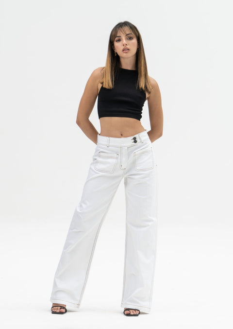 Contrast Stitch White Jeans