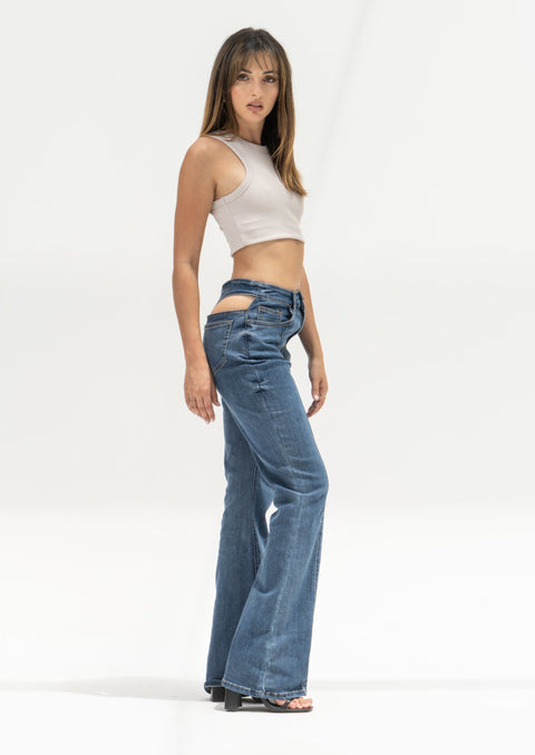 Front Seam Thong Detail Flare Jeans