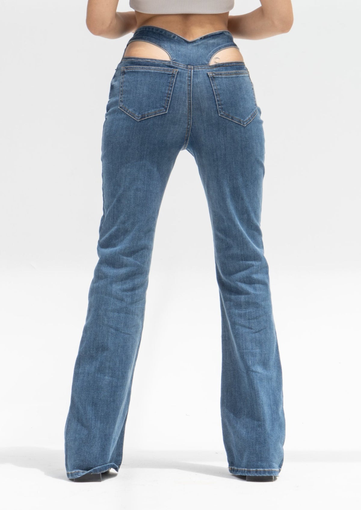 Front Seam Thong Detail Flare Jeans