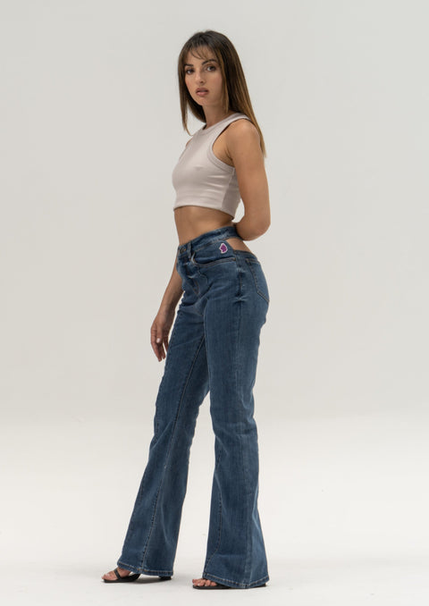 Front Seam Thong Detail Flare Jeans