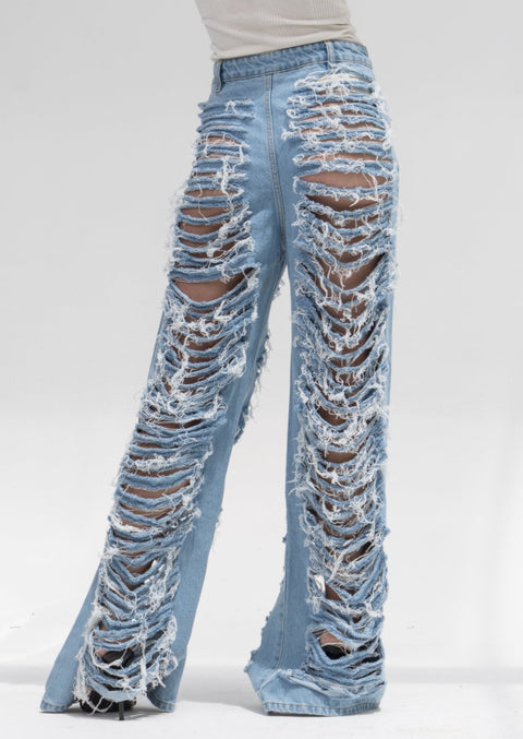 Timeless Light Blue: Wide Leg Extreme Ripped Jeans