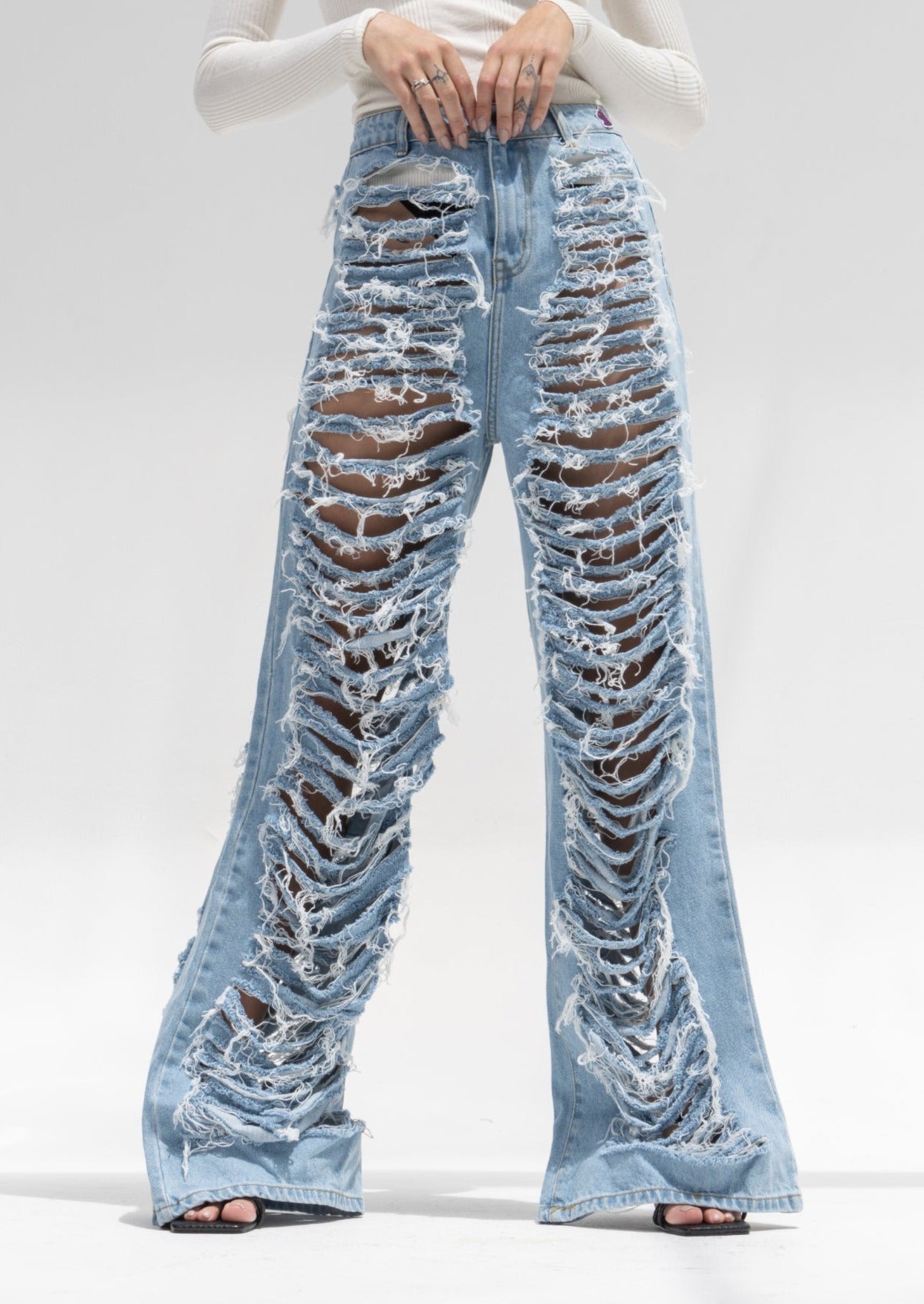 Medium Wash Denim Jeans - Distressed Denim Pants - Low Rise Denim Jeans