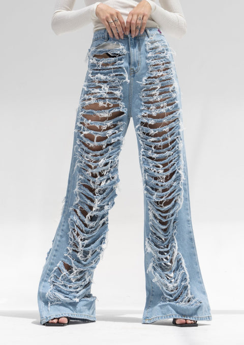 Timeless Light Blue: Wide Leg Extreme Ripped Jeans