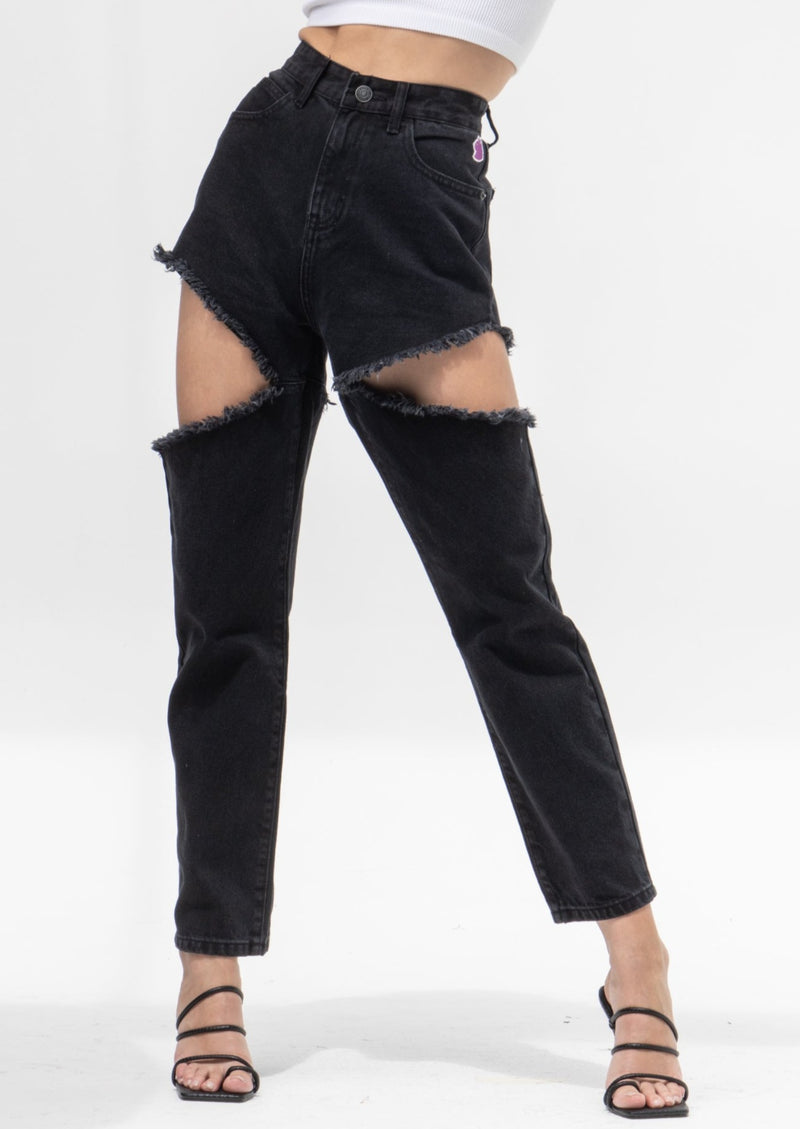 Black Cut Out Straight Fit Jeans