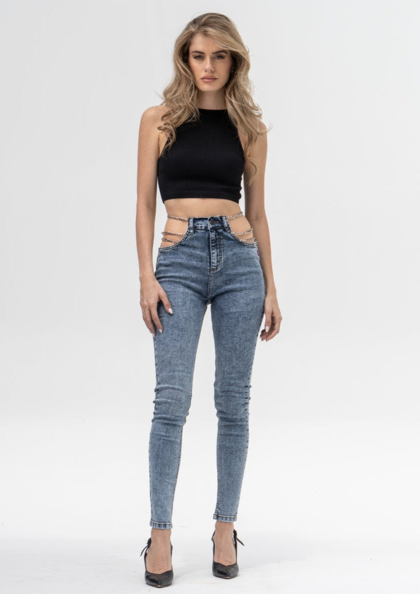 Cut Out Chain Detail Skinny Jeans