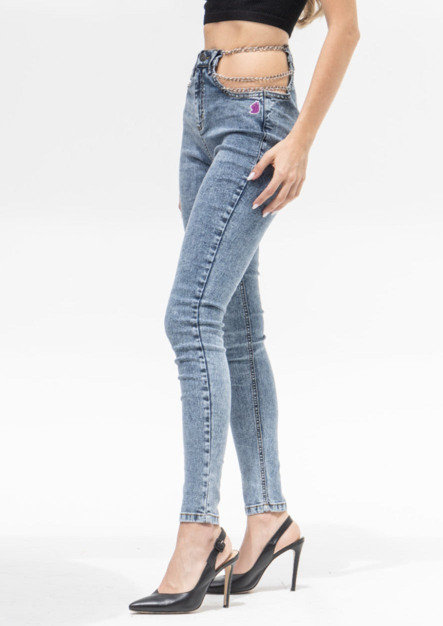 Cut Out Chain Detail Skinny Jeans